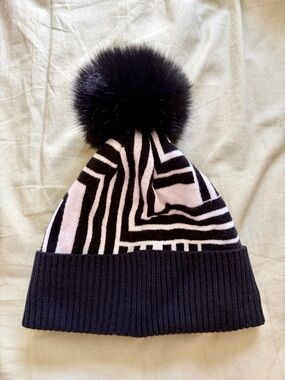 Karl Lagerfeld Paris Black Knit Beanie with Faux Fur Pom